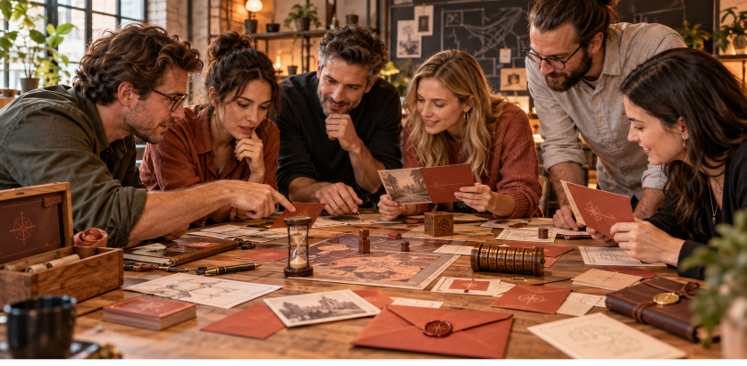 Eine Gruppe von Menschen spielt an einem Tisch individuelle Escape Games.