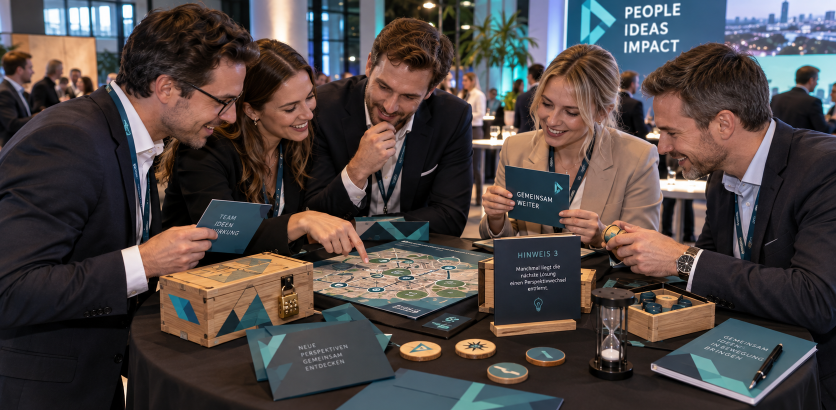 Teilnehmer bei Live Communication spielen ein interaktives Spiel.