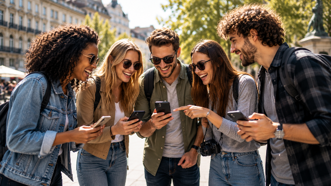 Junge Menschen nutzen Smartphones zur Teilnahme an Gamification Marketing.