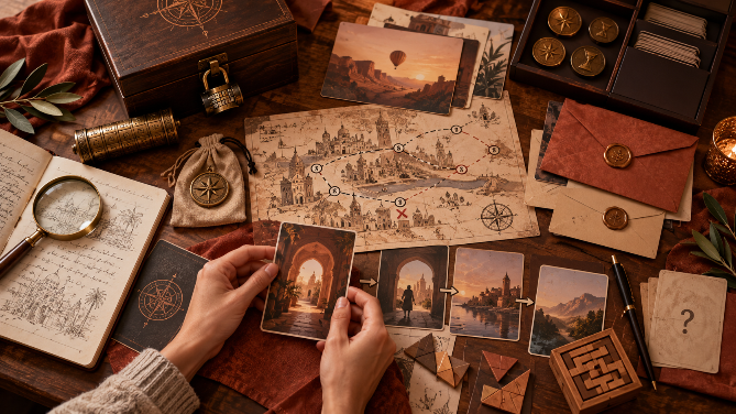 Hände halten eine illustrierte Karte über Spielmaterialien und Rätselhinweisen zum Interactive Storytelling.