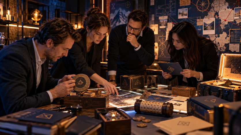 Eine Gruppe arbeitet gemeinsam an einem immersiven Escape Game.