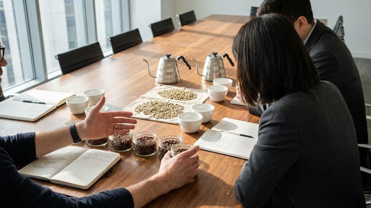Mitarbeiter bei einer Verkostung von Bürokaffee mit Geschmackstests.