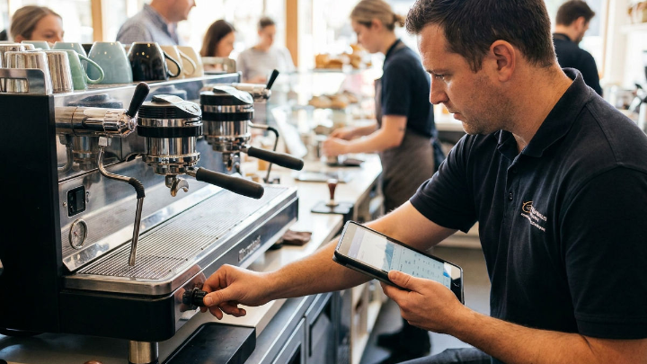 Barista nutzt einen Tablet-PC zur Kontrolle der Wasserhärte für Espresso.