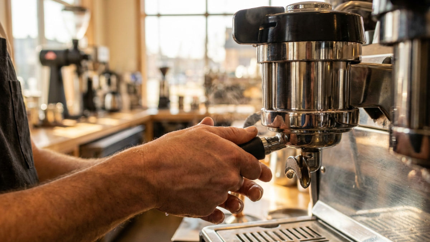 Ein Barista justiert die Maschine zur Espresso-Zubereitung, wobei Wasserhärte wichtig ist.