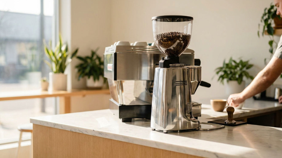 Eine moderne Espressomühle in einer hellen Küche, ideal für die Espressomühle reinigen.