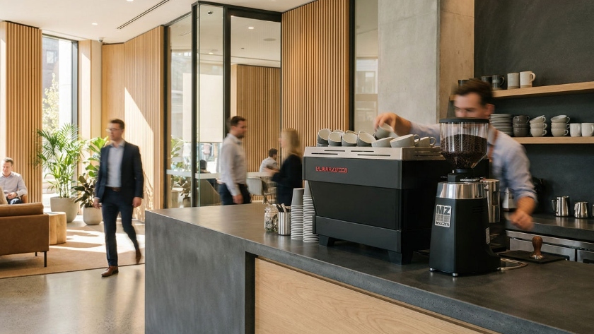 Ein Barista in einem modernen Café reinigt die Espressomühle.
