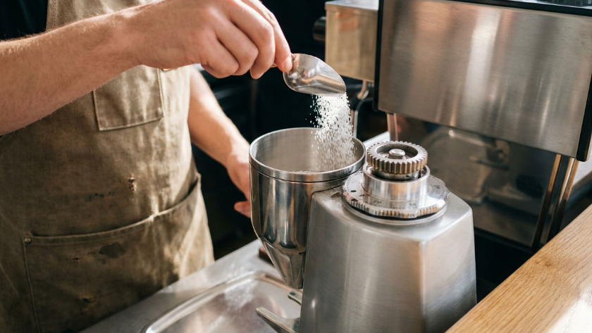 Eine Person fügt Zucker in die Espressomühle ein, um sie zu reinigen.