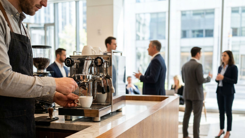 Barkeeper bereitet Kaffee mit Trommelröstung für Kunden in einem modernen Café zu.