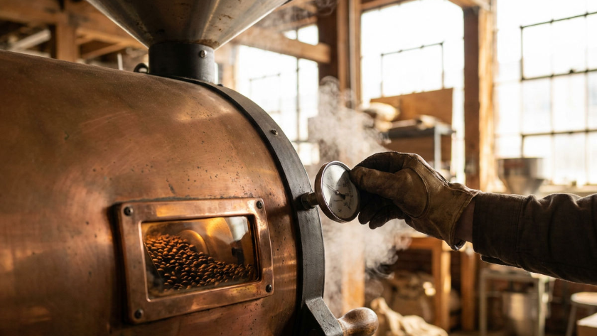 Der Prozess der Trommelröstung bei Kaffee in einer Röstmaschine.