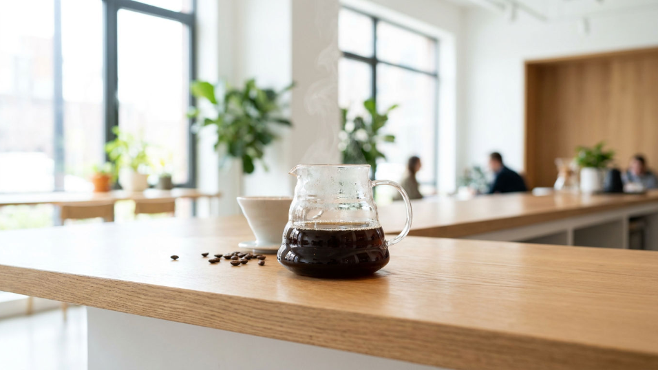 Glaskanne mit frisch gebrühtem Kaffee auf einer Arbeitsfläche – passend zu Mahlgrad und Brühtemperatur beim Filterkaffee.
