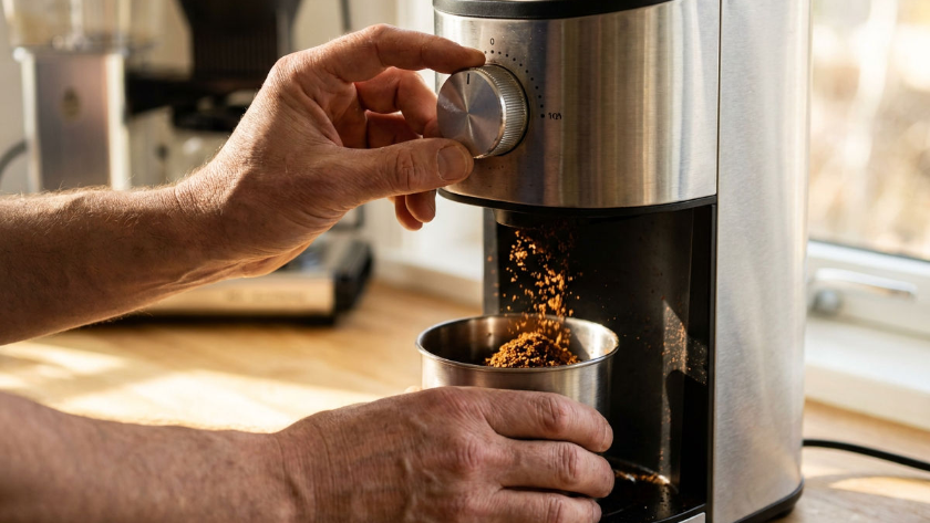 Eine Hand stellt den Mahlgrad an einer Kaffeemühle ein, während gemahlener Kaffee in einen Behälter fällt.