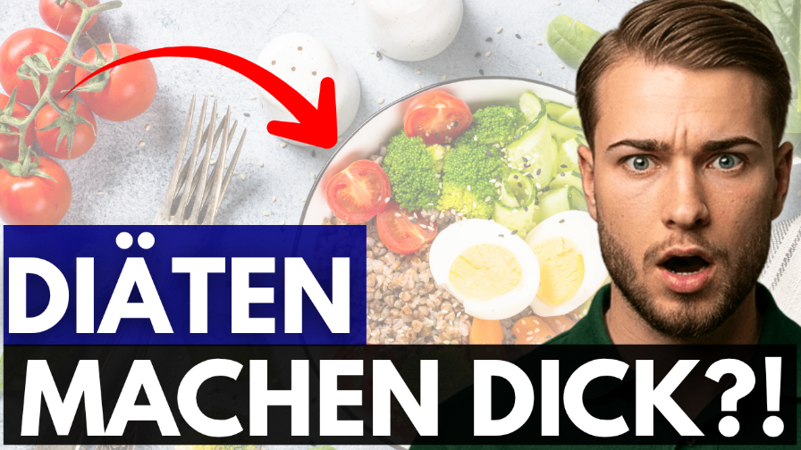 Ein überraschter Mann neben einer gesunden Salatportion mit Frage, ob Diäten dick machen.