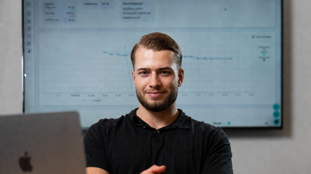 Junger Mann am Computer, der Tipps zum Bauchfett verlieren gibt.