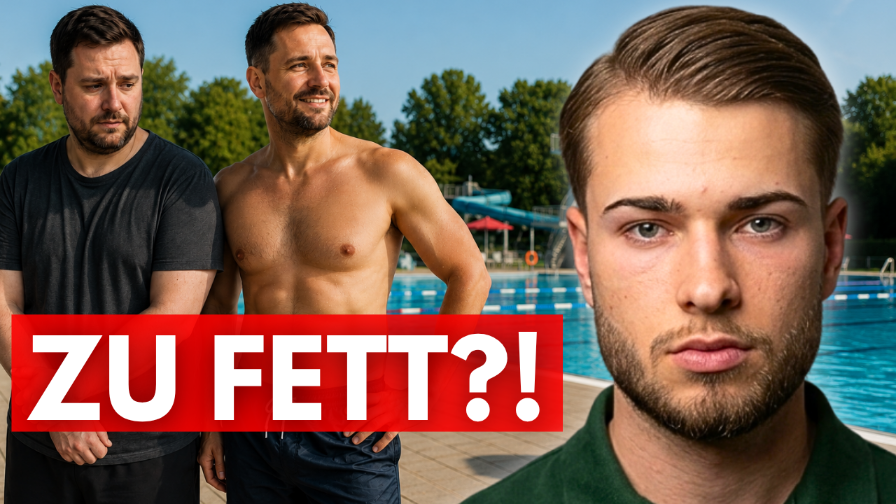 Männer am Schwimmbad mit Gedanken über Körperbewusstsein - zu fett?