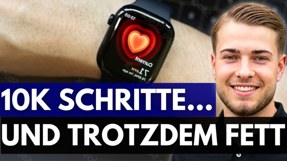Eine Smartwatch zeigt die Herzfrequenz während der Diskussion über 10.000 Schritte und trotzdem fett.