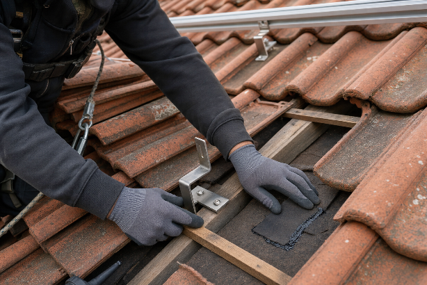 Ein Handwerker installiert eine Halterung auf einem Dach mit Pappdocken für eine Solaranlage.