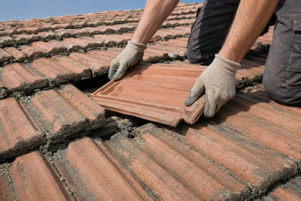 Ein Handwerker bringt eine Dachpfanne auf einem vermörtelten Dach an.