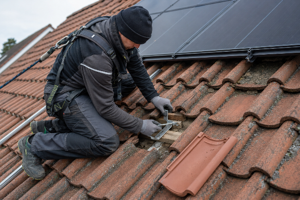 Ein Handwerker montiert eine Solaranlage auf vermörteltem Dach.
