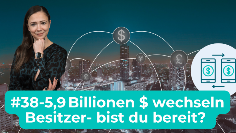 Eine Frau steht vor einer Stadtansicht mit Symbolen zum Vermögenstransfer von 5,9 Billionen Dollar.