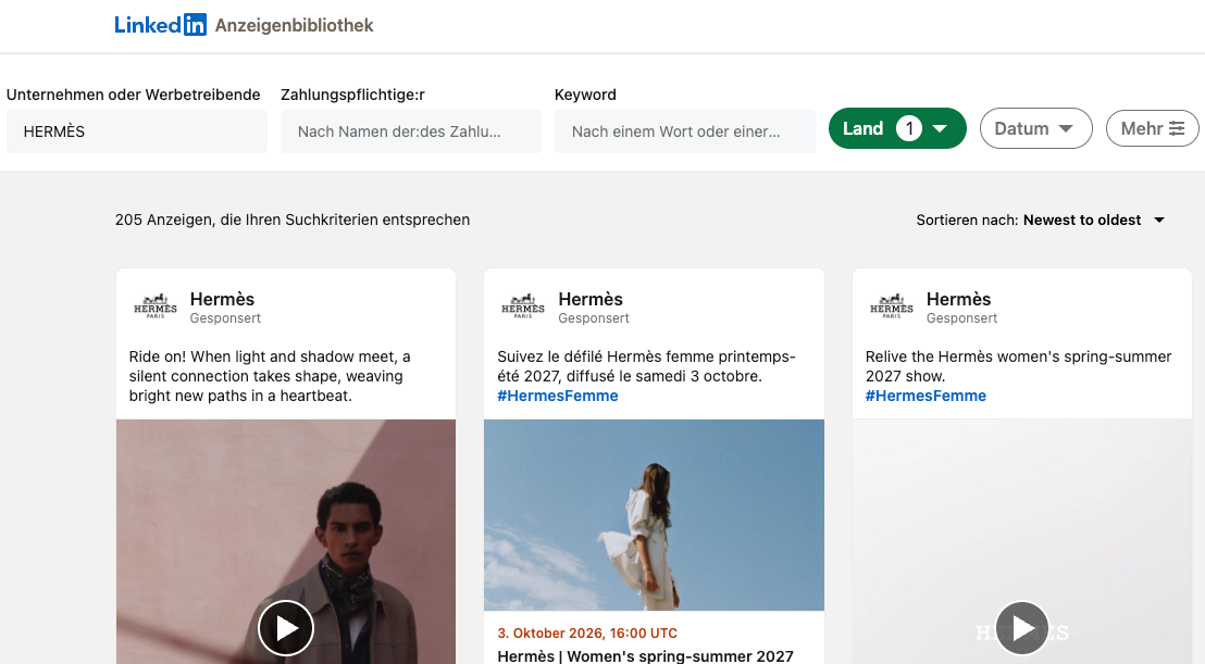 HERMÈS Anzeigen aus der LinkedIn Anzeigenbibliothek zur Luxuswerbung.
