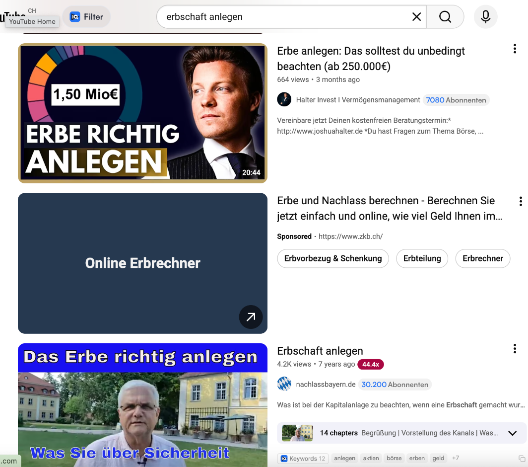 Suchergebnisse auf YouTube zum Thema Erbschaft anlegen.