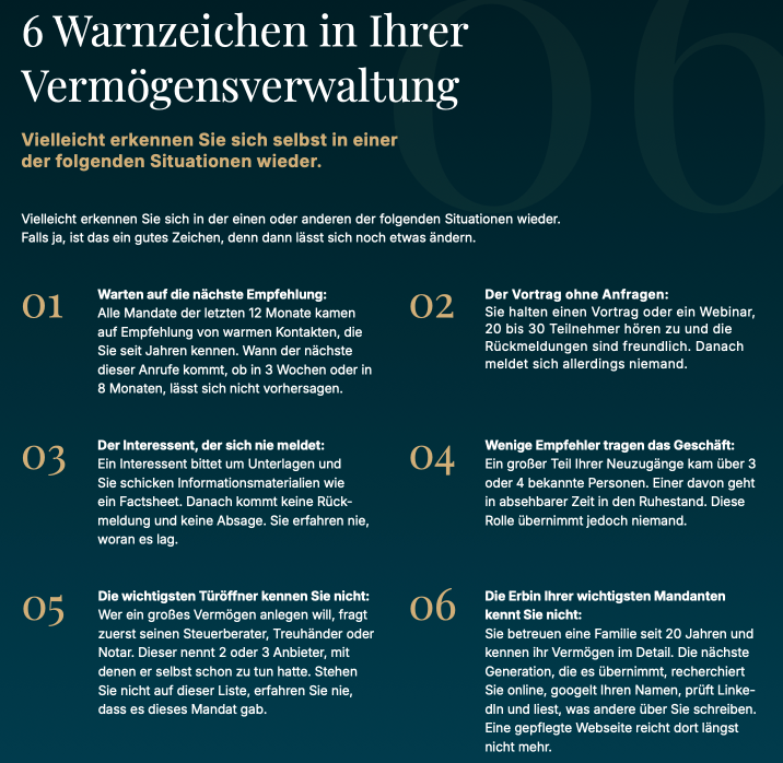 Liste mit 6 Warnzeichen in der Vermögensverwaltung zeigt wichtige Hinweise.