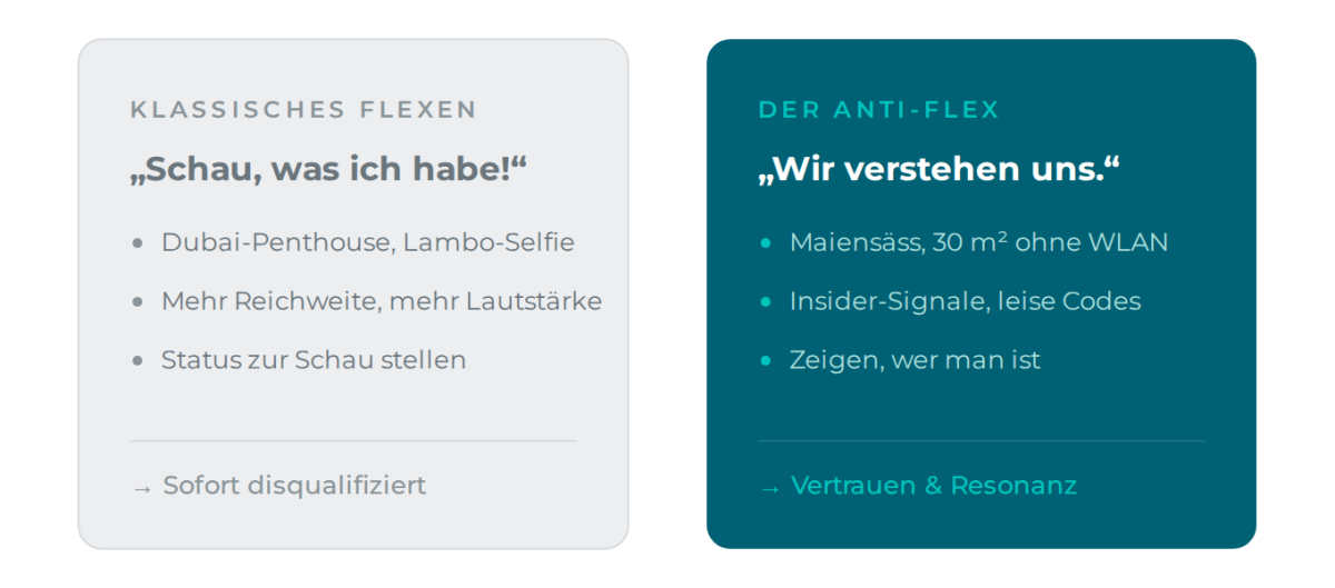 Gegenüberstellung von klassischem Flexen („Schau, was ich habe!