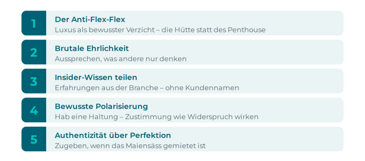Fünf Signature Moves für UHNWI-Marketing: Anti-Flex-Flex, brutale Ehrlichkeit, Insider-Wissen teilen, bewusste Polarisierung und Authentizität über Perfektion.