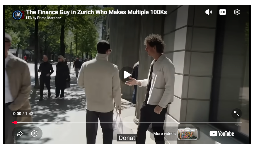 Ein Mann führt ein Straßeninterview über Finanzen in Zürich und zeigt Sichtbarkeit für Vermögensverwalter.