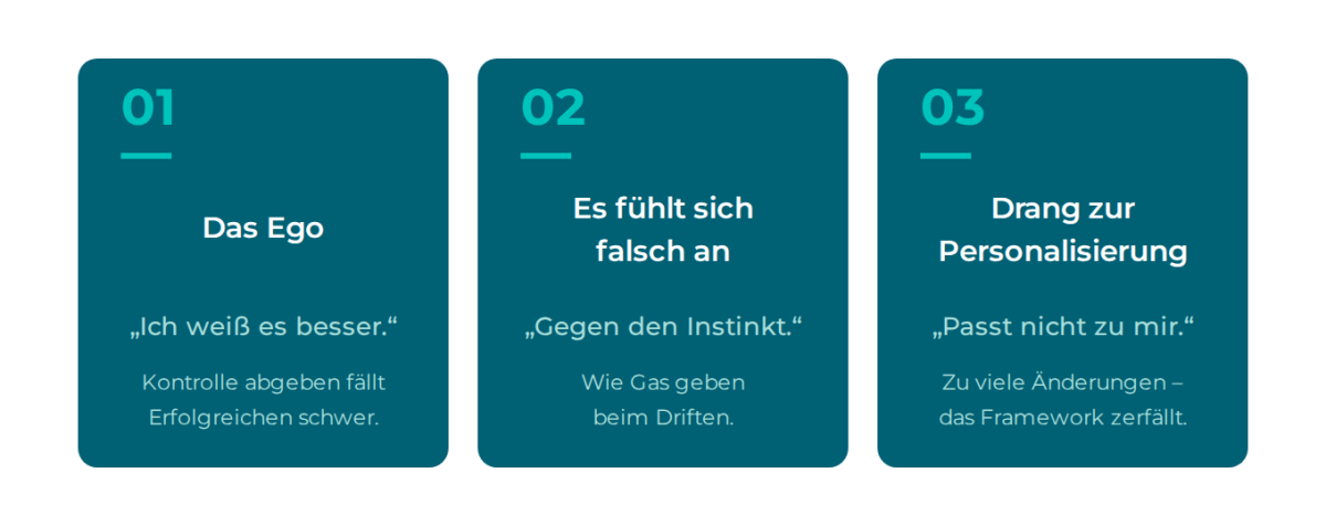 Drei Karten mit den Gründen, warum wir bewährten Plänen nicht folgen: das Ego, das falsche Bauchgefühl und der Drang zur Personalisierung.