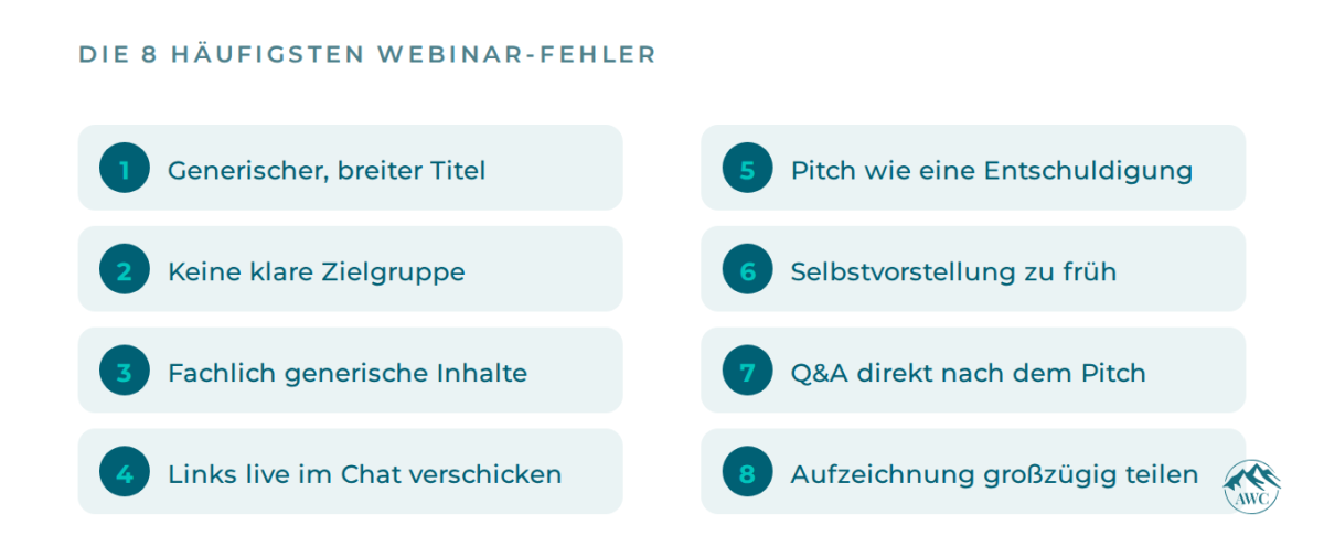 Die 8 häufigsten Webinar-Fehler für Finanzberater in einer Übersicht.