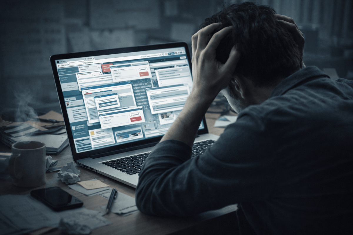 Mann erlebt Frustration über eine nicht funktionierende Website am Laptop.
