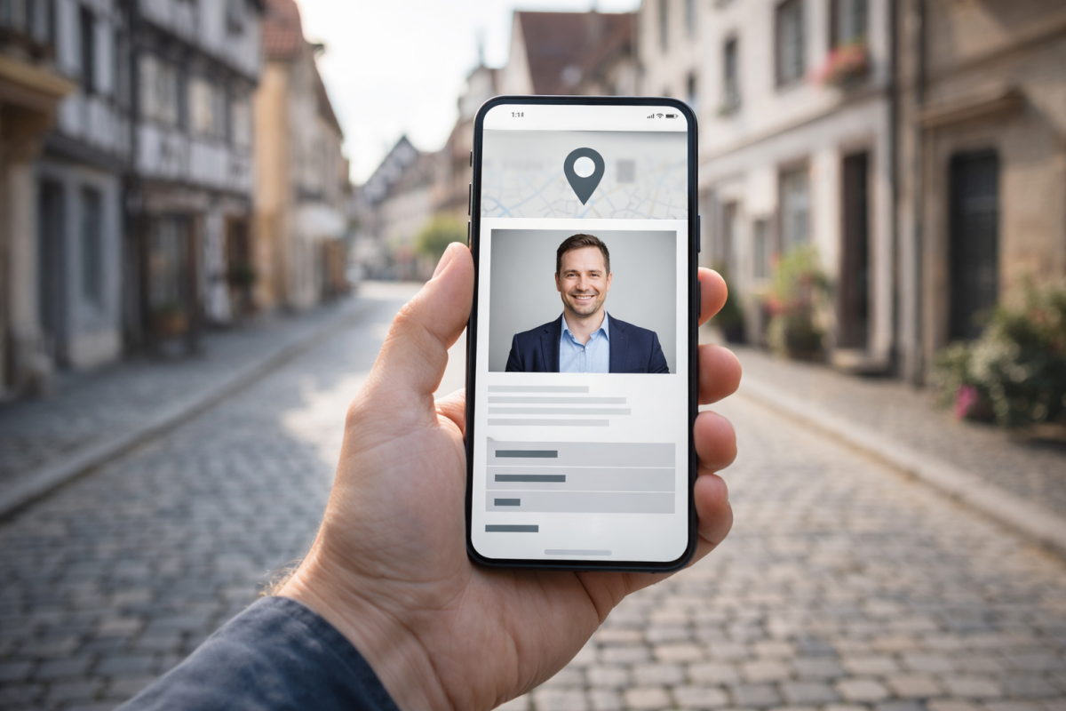 Smartphone zeigt ein Profil auf einer regionalen Landingpage, die für Dienstleistungen wirbt.