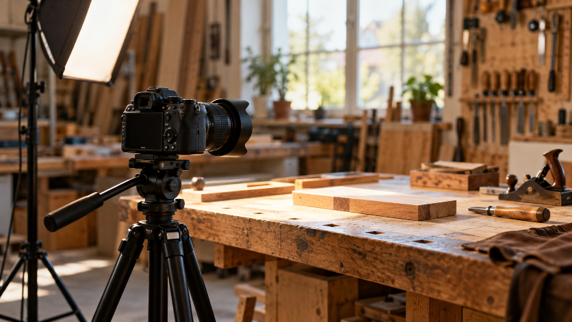Eine Kamera auf einem Stativ fotografiert eine Holzwerkbank in einer hellen Werkstatt – passende Fotos für die Firmenwebsite.