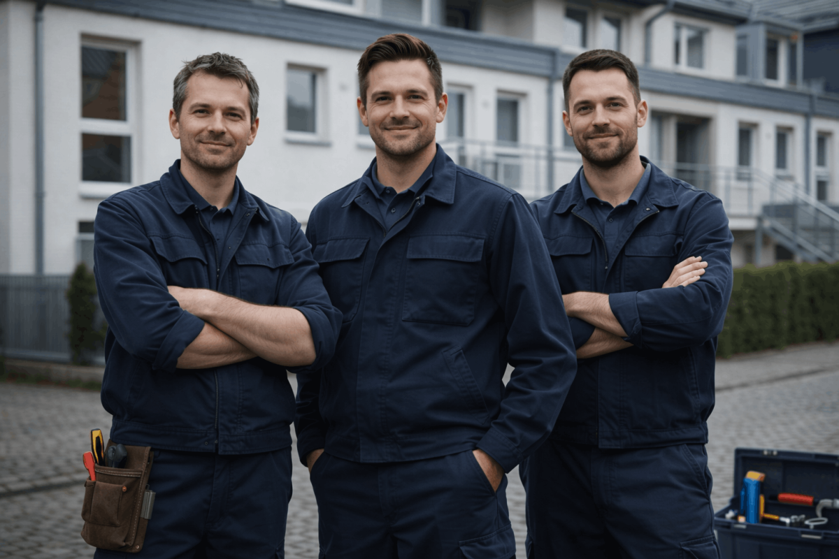 Drei Handwerker stehen lächelnd vor einer modernen Werkstatt, ideal für eine professionelle Handwerker Webseite.
