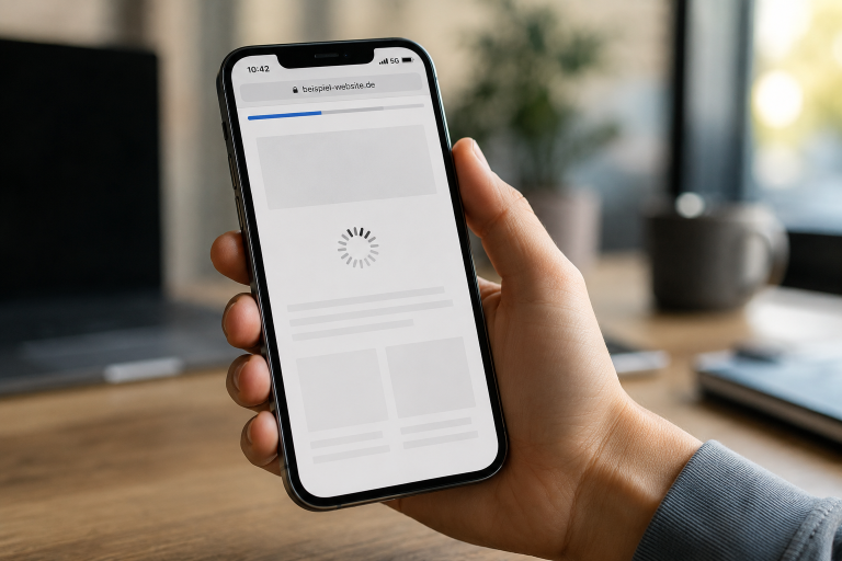 Ein Smartphone zeigt eine langsam ladende Webseite, was auf lange Ladezeiten hinweist.