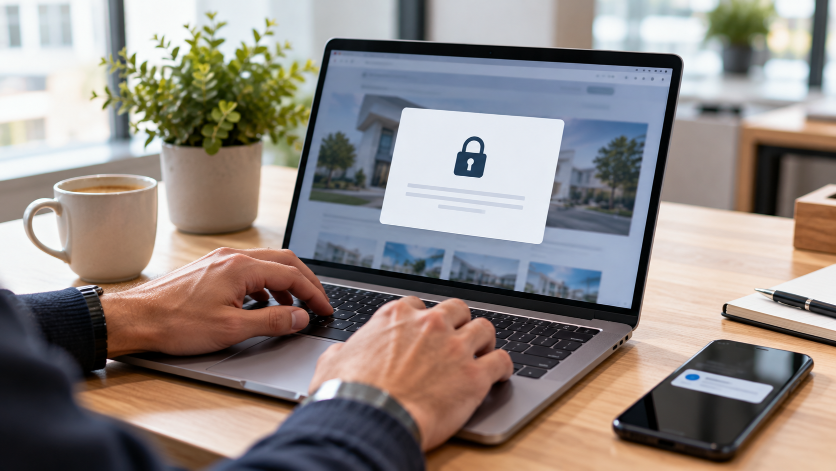 Person nutzt einen Laptop mit Datenschutz-Popup und Schloss-Symbol: Cookie-Banner auf einer Website.