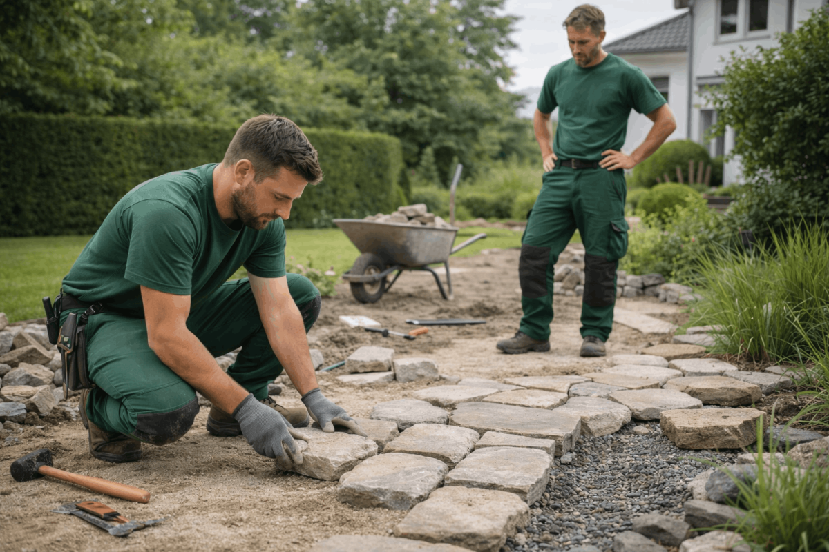 Zwei Handwerker im Galabau arbeiten an einer neuen Pflasterung für eine Gartenterrasse.