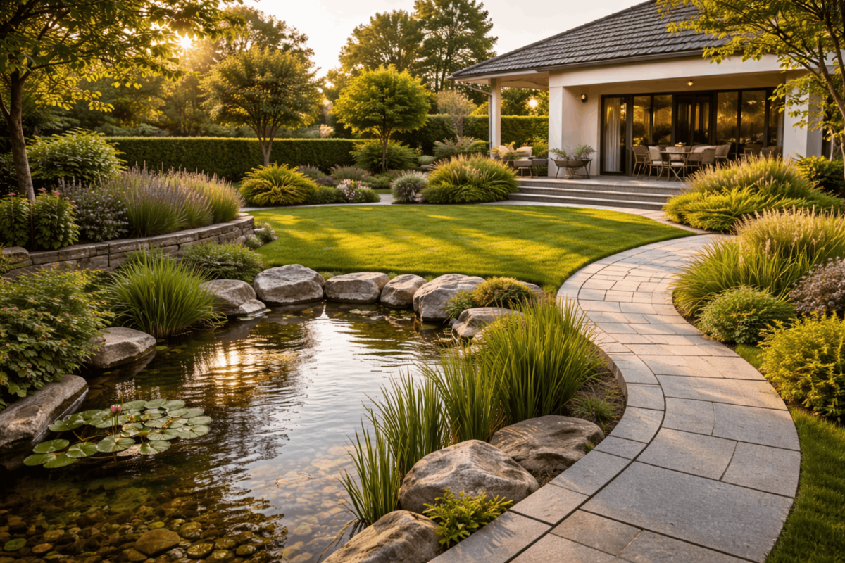 Moderner Garten mit Teich und Gartenweg, ideal für moderne Gartengestaltung.