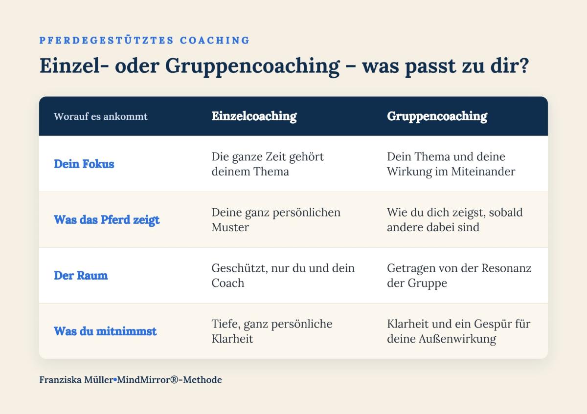 Tabelle zum pferdegestützten Coaching mit Einzel- und Gruppencoaching-Optionen.