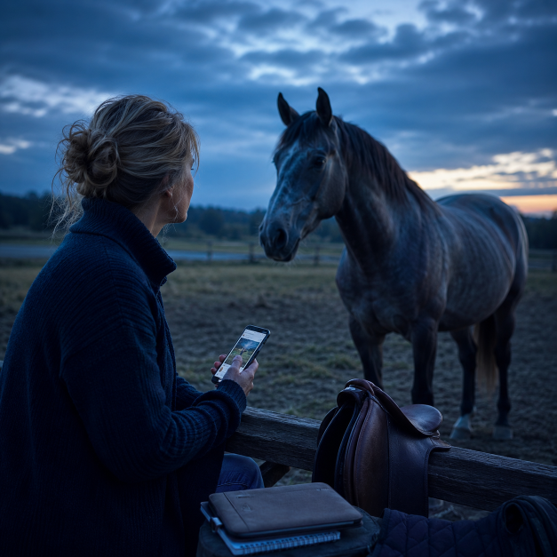 Eine Frau mit Smartphone sitzt am Zaun und beobachtet ein Pferd während des Sonnenuntergangs.
