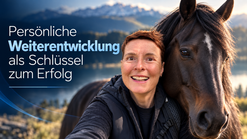 Frau mit Pferd im Freien, persönliche Weiterentwicklung als Schlüssel zum Erfolg.