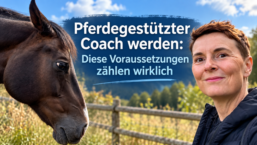 Eine Person und ein Pferd stehen zusammen, während sie über die Voraussetzungen zum pferdegestützten Coach werden sprechen.