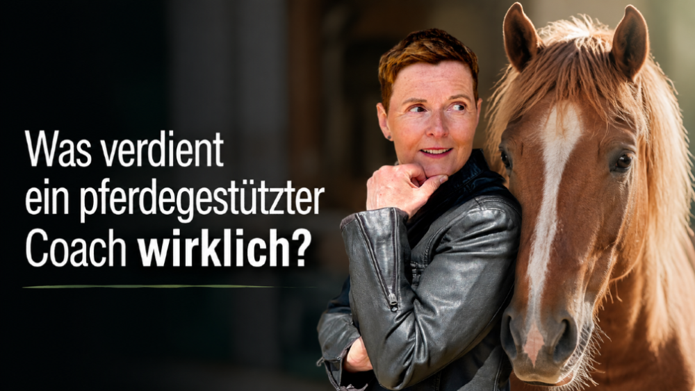 Ein pferdegestützter Coach mit einem Pferd, der die Frage zum Verdienst stellt.