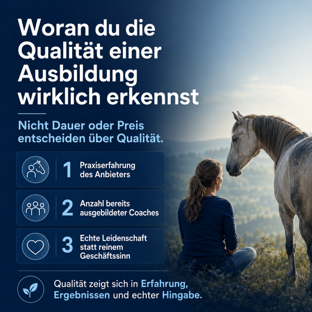 Eine Frau betrachtet ein Pferd und erfährt, woran die Qualität einer Ausbildung erkennbar ist.
