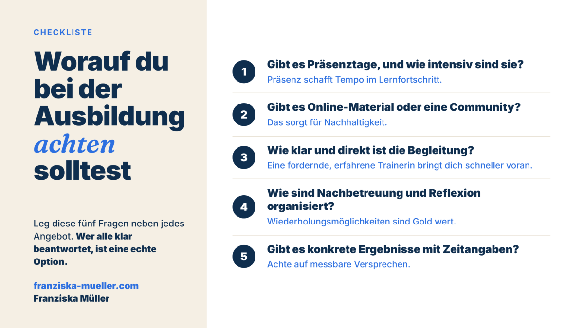 Checkliste zur pferdegestützten Coaching Ausbildung mit fünf Fragen zu Praxis, Begleitung und Lernergebnissen.