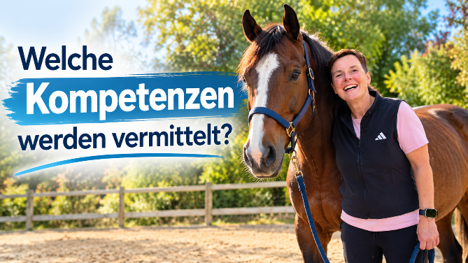 Lächelnde Frau steht neben einem braunen Pferd; Hinweis auf Kompetenzen im pferdegestützten Coaching.