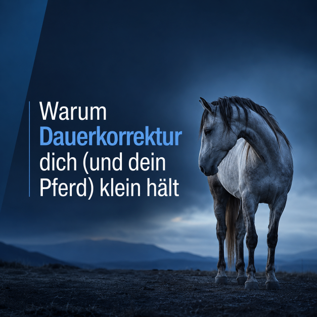 Ein Pferd steht in einer eindrucksvollen Landschaft unter bedrohlichem Himmel, das Bild thematisiert Dauerkorrektur.
