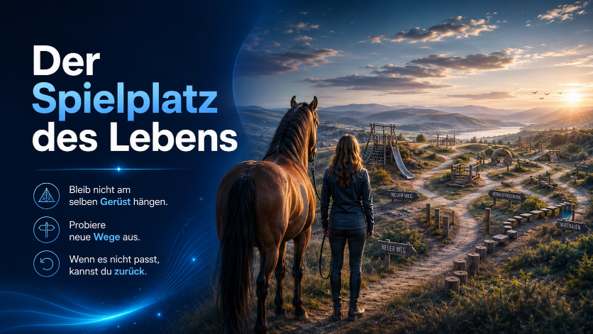 Eine Frau steht mit einem Pferd auf einem Weg und betrachtet die Landschaft des Lebens.