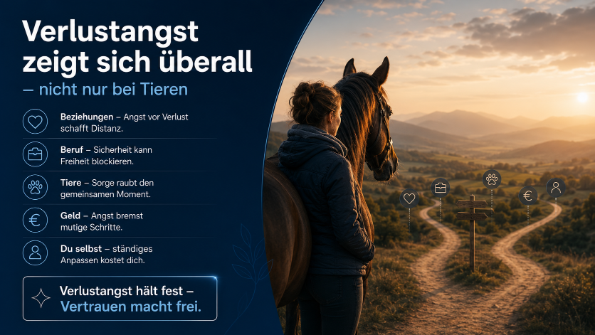 Das Bild zeigt eine Person mit einem Pferd auf einem Wanderweg, ein Symbol für Verlustangst.